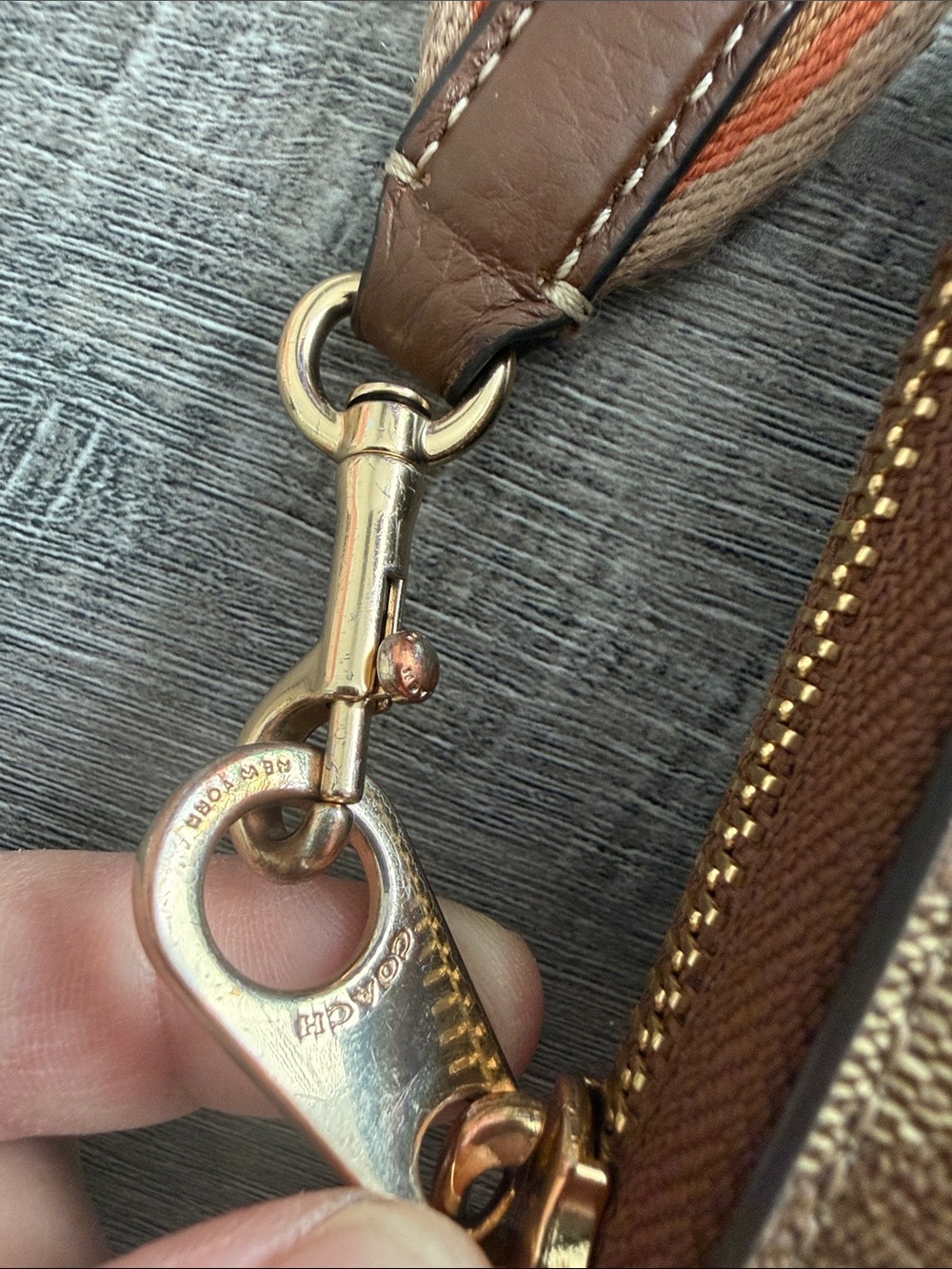 Coach Brown Signature Canvas Wristlet with Orange Strap - Picture 3 of 13